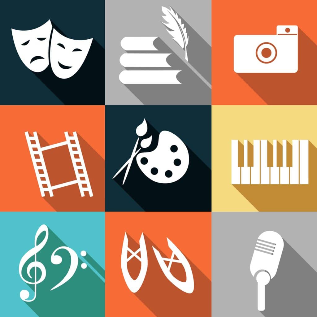 set of icons dedicated to arts: painting, music, literature, bal